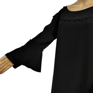 Laundry Shelli Segal Black Midi Dress Ruffled Flare Sleeves Pom Cut Out Size 12